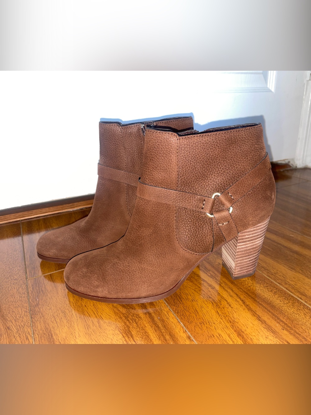 Cole Haan Brown Pebbled Leather Ankle Booties Block Heel Buckle Zip